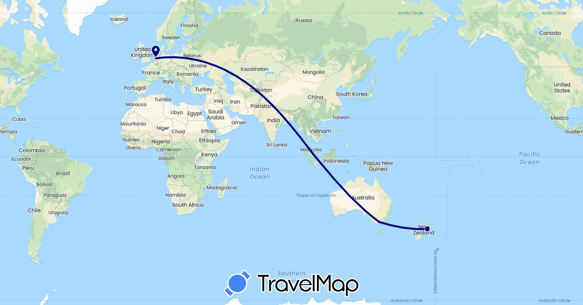 TravelMap itinerary: driving in Australia, Netherlands, New Zealand, Singapore (Asia, Europe, Oceania)